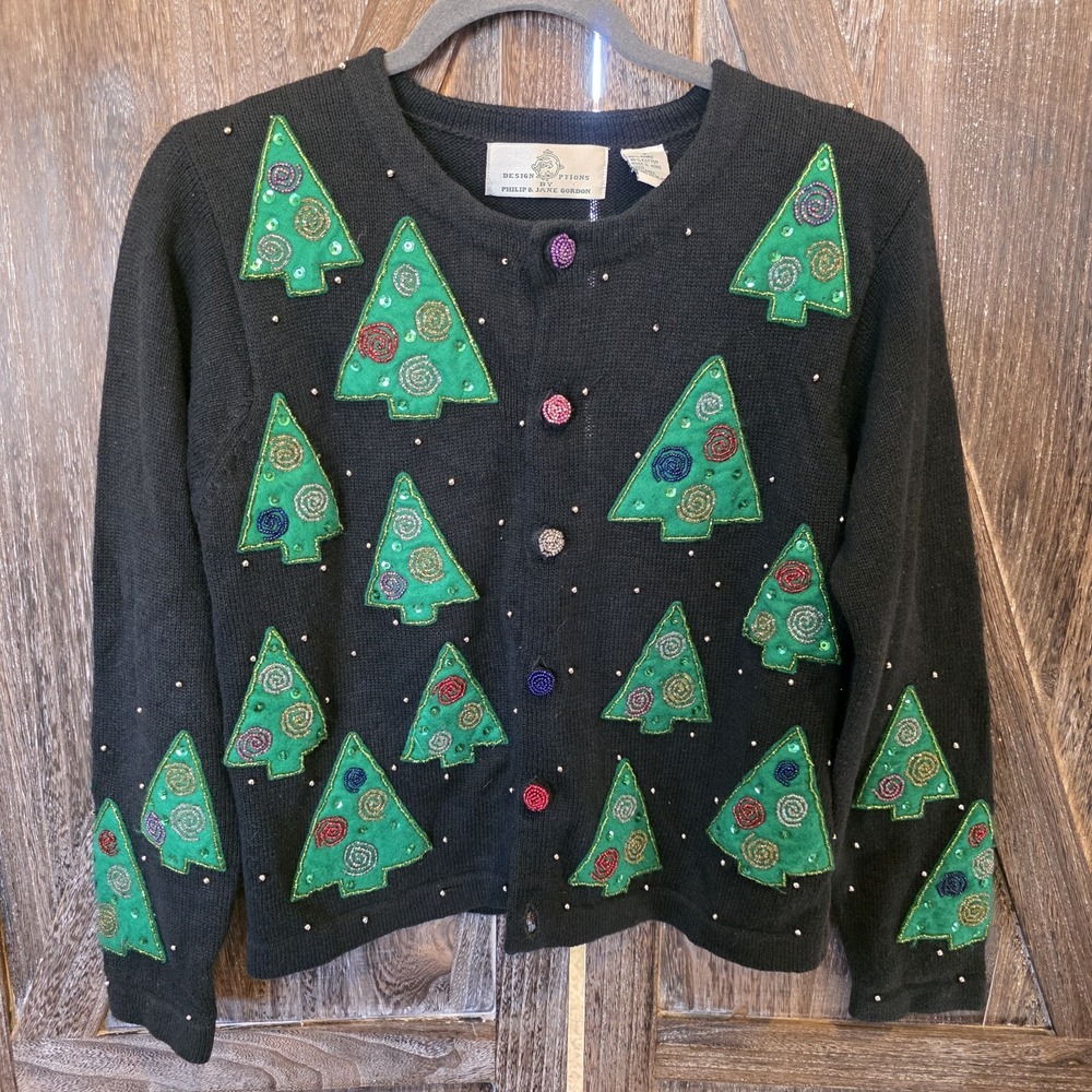 Black Cardigan with Green Tree Embellishments